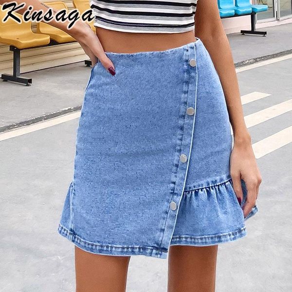 

skirts summer buttons ruffle irregular mini denim women casual streetwear high waist short jeans skirt vintage back zipper, Black