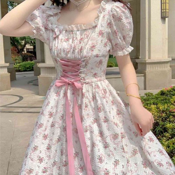 

elegant floral lace up korean women dress fairy sweet midi bandage chic designer puff sleeve casual summer, Black;gray