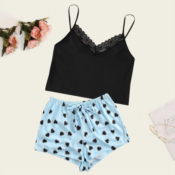 

spaghetti strap lace pajama set womens sleepwears sleeveless trim pyjamas sleep shorts pijama suit sleepwear women nighties, Black;red