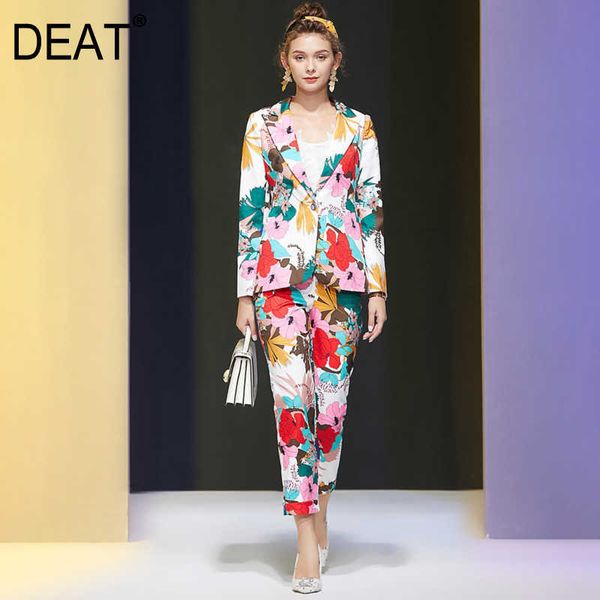 

[deat] spring fashion v-neck single button long sleeve printing blazer high waist pencil pants suit women 13c526 210527, White