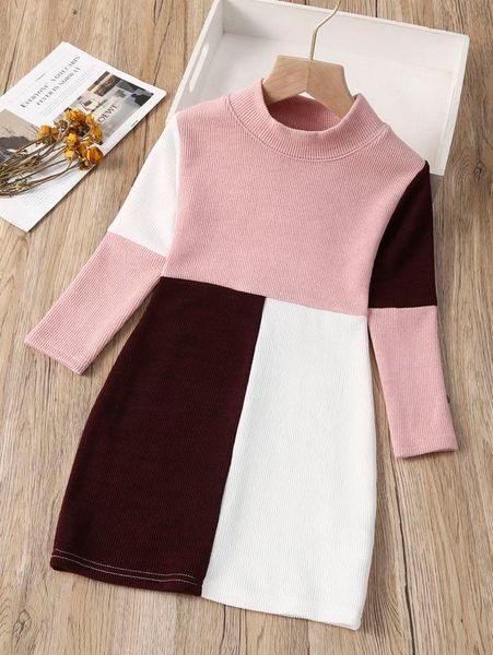 

little girl's contrast rib knit dress she, Red;yellow