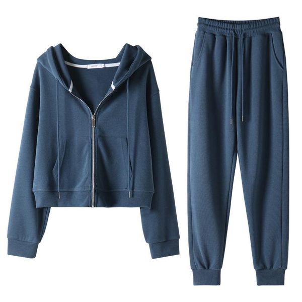 

women's two piece pants trouser suits autumn loose casual hooded tracksuit women clothing sets blue zipper sweatshirt sportswear winter, White