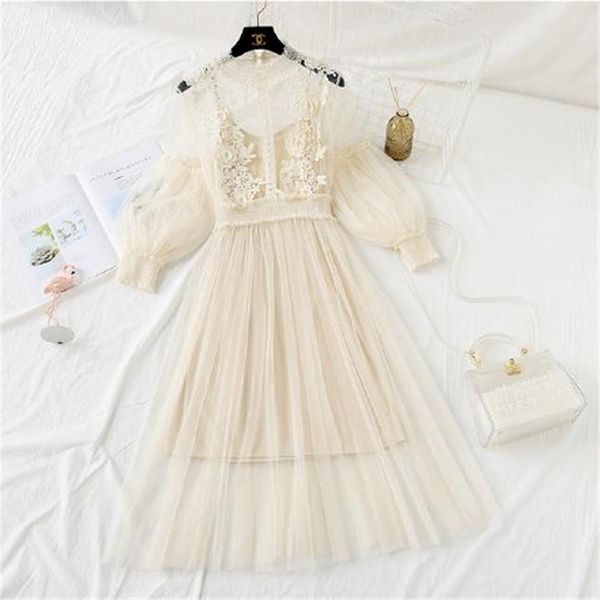 

lace dress women sweet flower mesh midi dress female stand-neck long-sleeved party dresses vestidos x0521, Black;gray