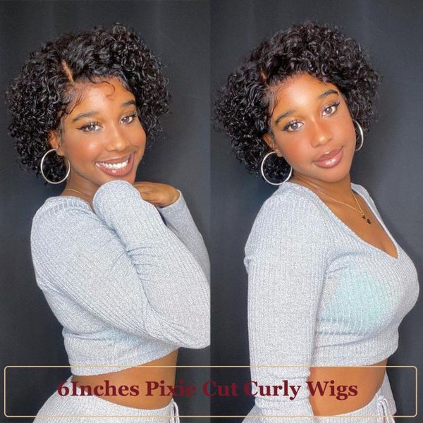 

lace wigs pixie cut curly 13x4 frontal human hair transparent 180% 4x4 closure short for women, Black;brown