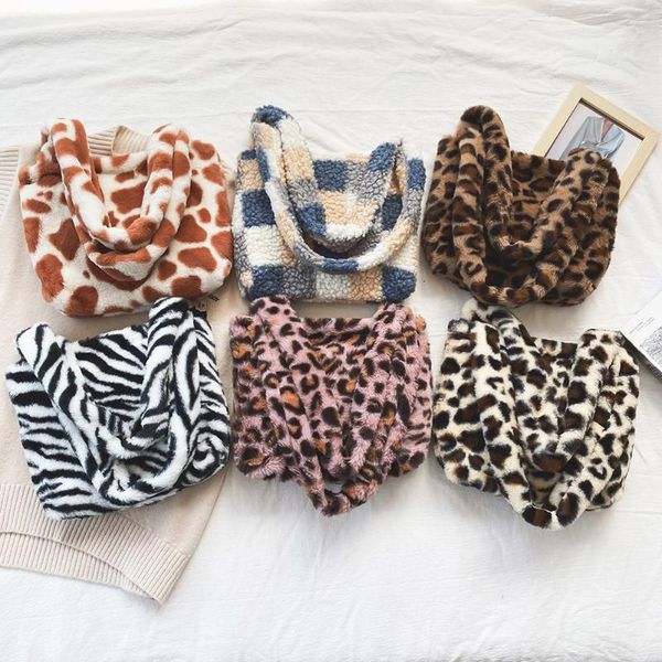 

evening bags fashion women's shopper bag animal pattern print plush shoulder female casual autumn winter large capacity tote handbags