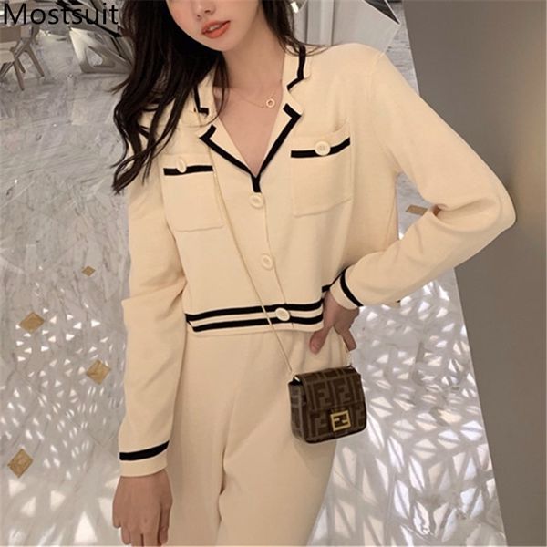 

autumn korean knitted 2 piece pants suits sets women long sleeve short and wide leg fashion casual 210514, White
