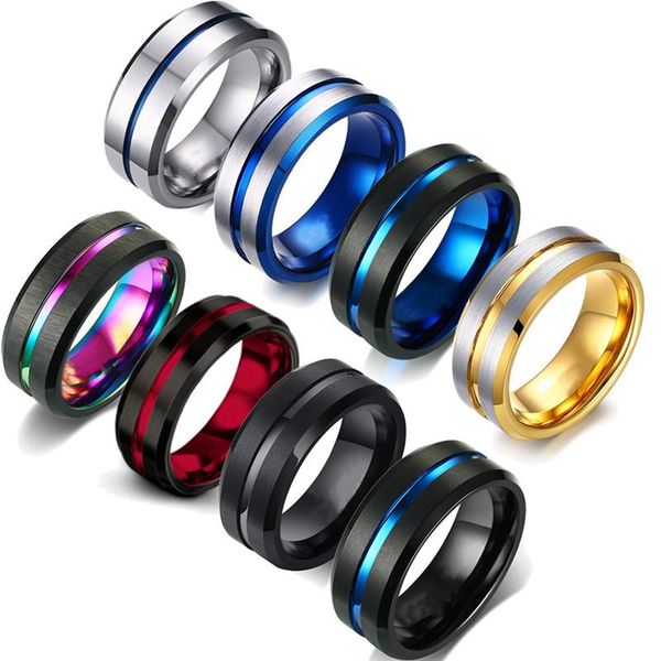 

fashion 8mm men's stainless steel rings colorful groove beveled edge wedding engagement ring anniversary jewelry, Slivery;golden