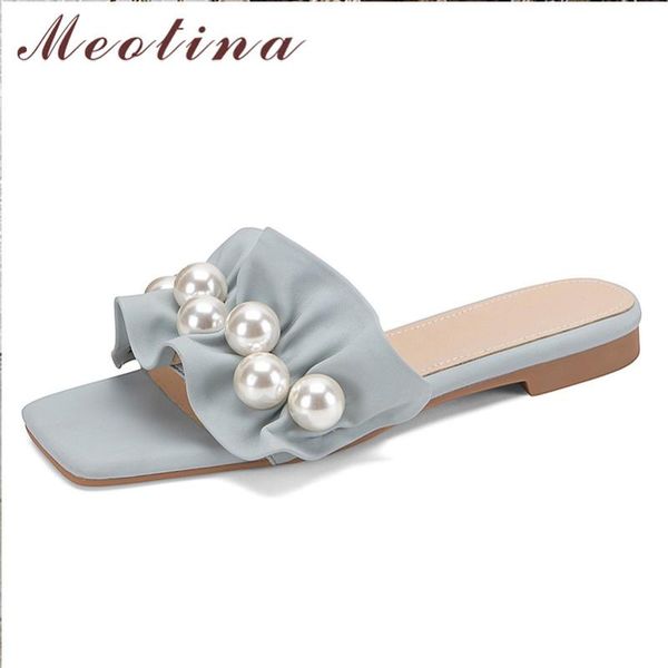 

sandals meotina women slippers shoes genuine leather flat ruffles square toe cow ladies footwear summer brown 42, Black