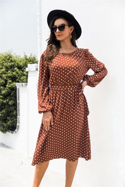 

casual dresses chic polka dot botton a-line dress women bell sleeve high waist maxi elegant office lady spring summer2021, Black;gray