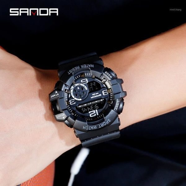 

sanda fashion digital sports mens watches 50m waterproof 2021 military shockproof led wristwatch man date electronic clock wristwatches, Slivery;brown