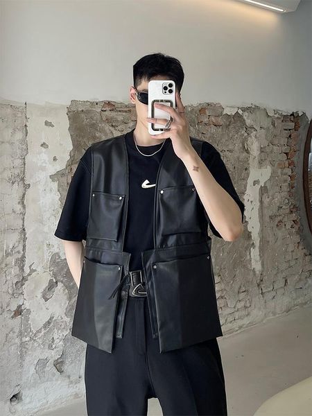 

men's vests 2021 korean version of hong kong trend brand vest leisure function sleeveless leather men loose, Black;white