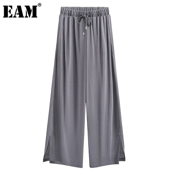 

[eam] high elastic waist gray slit strap wide leg trousers loose fit pants women fashion spring summer 1dd7425 21512, Black;white