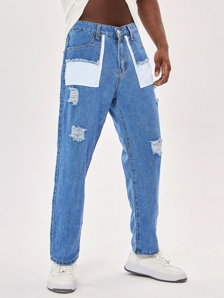

men patched ripped tapered jeans 55eg#, Blue