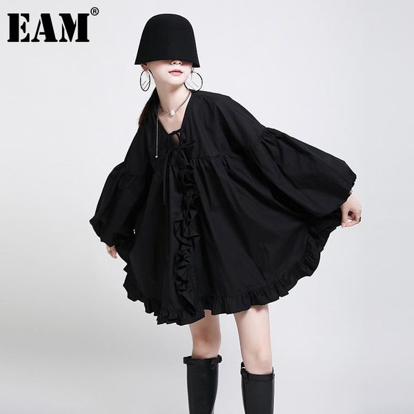 

[eam] women black ruffles big size bandage mini dress v-neck long sleeve loose fit fashion tide spring autumn 2021 1dd5195 casual dresses, Black;gray
