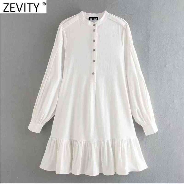 

zevity women court style stand collar hem pleat ruffles shirt dress femme lantern sleeve breasted vestido chic cloth ds4690 210419, Black;gray