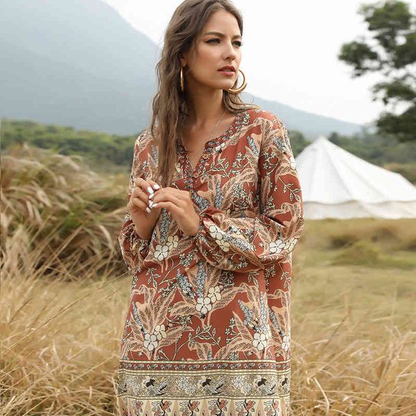 

women bohemian printed lantern sleeve dress long sleeve v neck elegant casual mini dress spring autumn fashion dress 210412, Black;gray