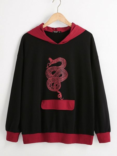 

plus snake print contrast trim hooded sweatshirt p45f#, Black