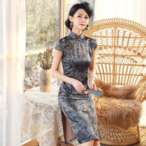 

vintage female satin cheongsam mid-length evening party straight dress qipao large size 2021 spring print floral chinese skirt ethnic clothi, Red
