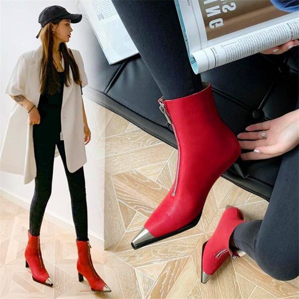 

boots fashion sequined metal decorative pointed ladies high heels red black chunky spring and autumn