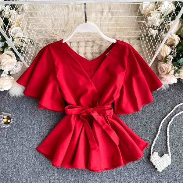 

summer women's blouse retro french solid color v-neck flared sleeve ruffled shirt slim casual female 210506, White