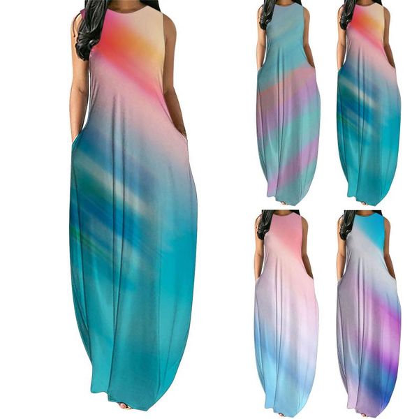 

casual dresses summer women long dress print sleeveless loose plain maxi with pockets beach robe sundress female vestidos, Black;gray