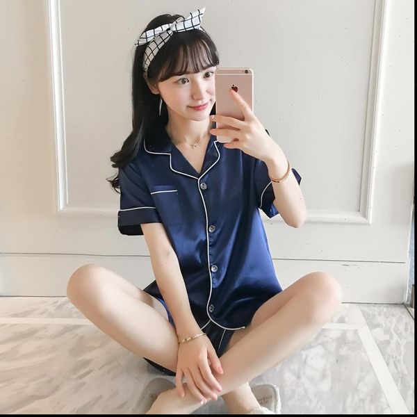

summer faux silk pajamas set women sleepwear short sleeves shorts nightwear  5xl large size pijama mujer pure color, Black;red