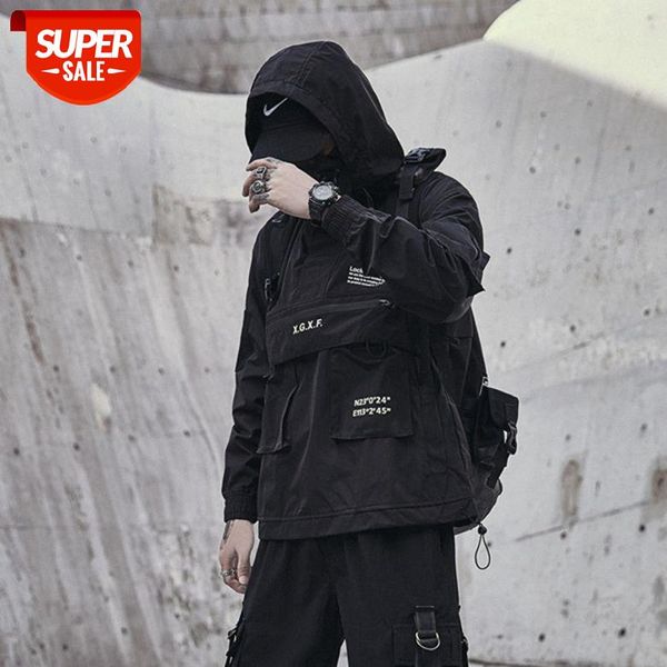 

dark functional wind jacket brand multi-pocket heavy tooling hooded male blue mechanical windbreaker #ry7v, Black;brown