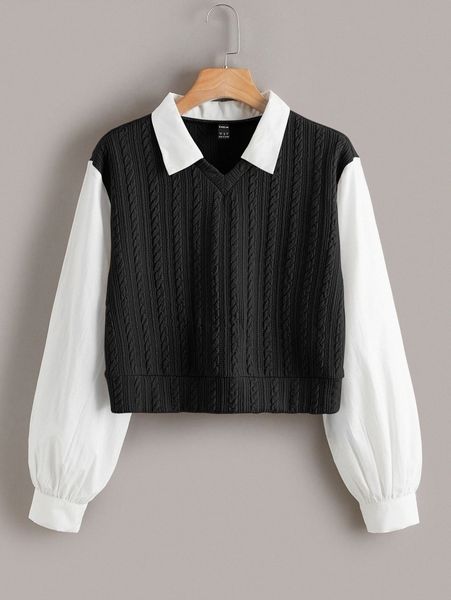 

contrast collar cable knit 2 in 1 blouse x2u2#, White