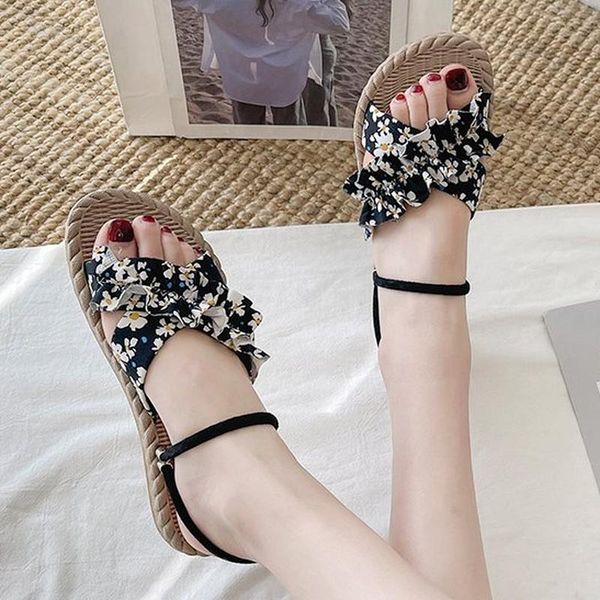 

sandals summer floral ethic women ruffles soft faux sole front rear strap beach vacation casual ladies shoes female whosale, Black