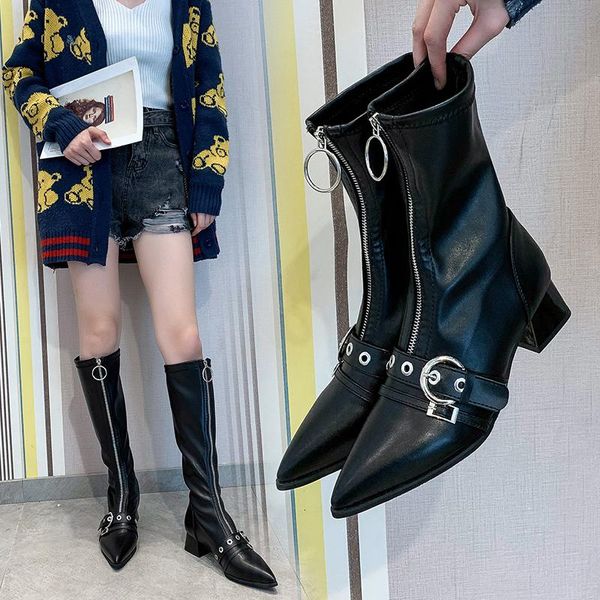 

boots metal gothic women knight pleated front zipper mid-calf for high heels square heel tube short 2021, Black