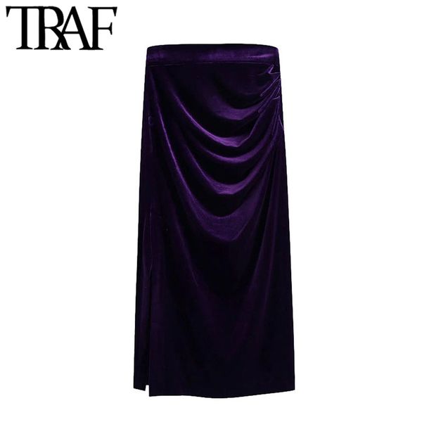 TRAF Женщины шикарные моды плиссированные бархатные боковые щели MIDI карандаш юбка винтаж высокой талии задняя молния женские юбки Mujer 210415