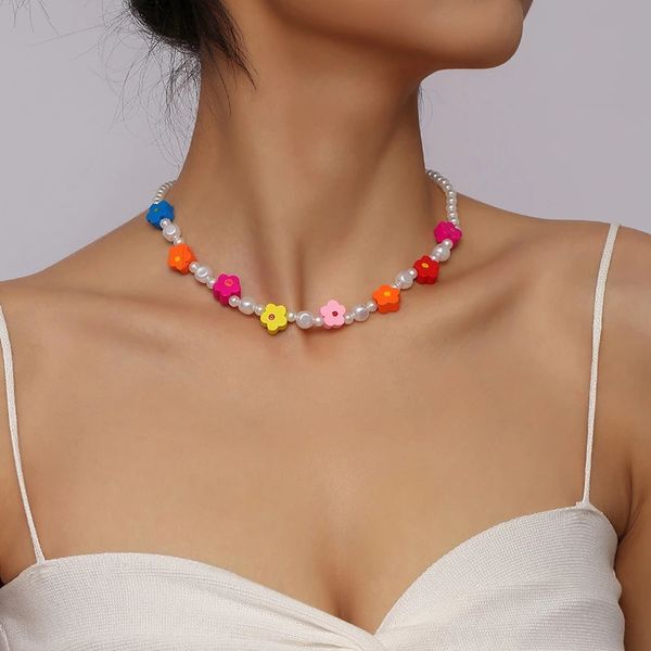 Mode Damen handgefertigte Perlen weiße Perle separate multicolor hölzerne blume chokers halsketten für frauen mädchen party schmuck