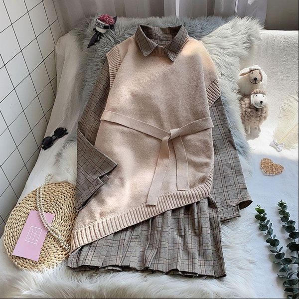 

plaid shirt sweater vest women dress knit two piece suit mid length loose fashion waistcoat set outfit y152, White