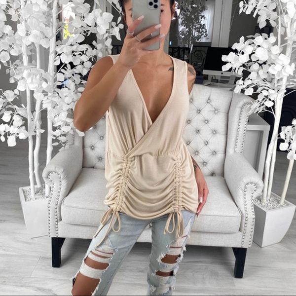 

women v neck drawstring ruched vest summer new sleeveless bottom length adjustable female solid slim tank 210416, White