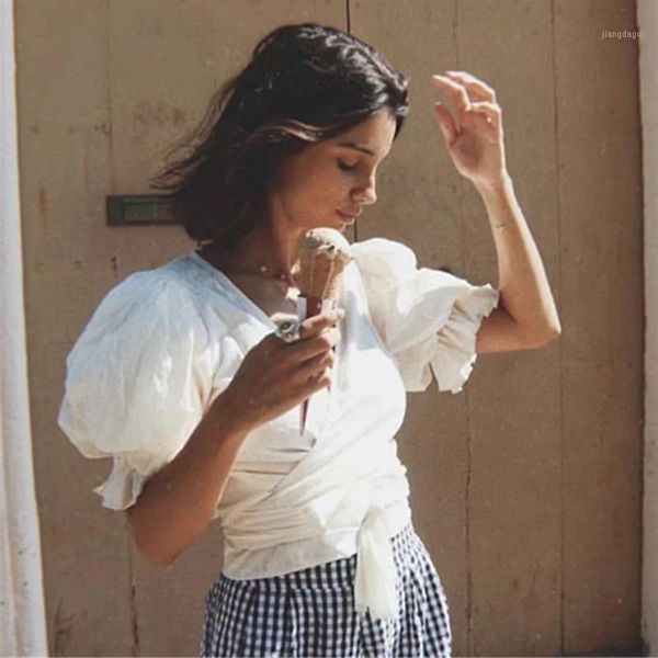 

vintage v neck puff sleeve shirt blouse women solid spring summer bandage womens and blusas mujer de moda 2021 women's blouses & shirt, White