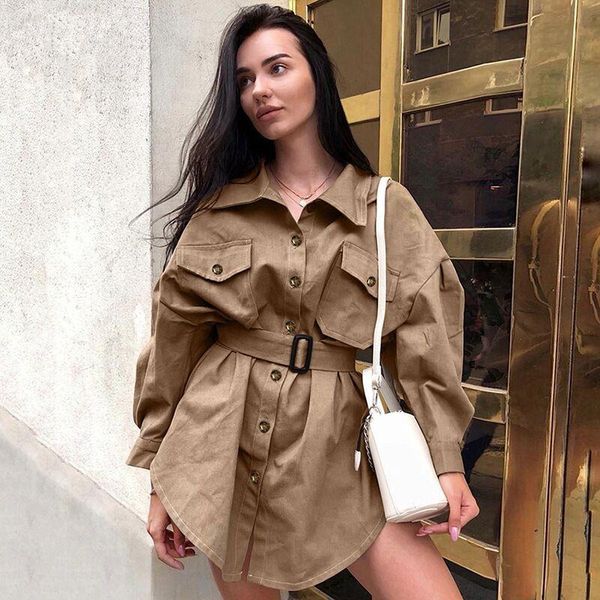 

women's trench coats algranda chic dress coat women autumn long sleeve waistband casual female solid jacket lady, Tan;black