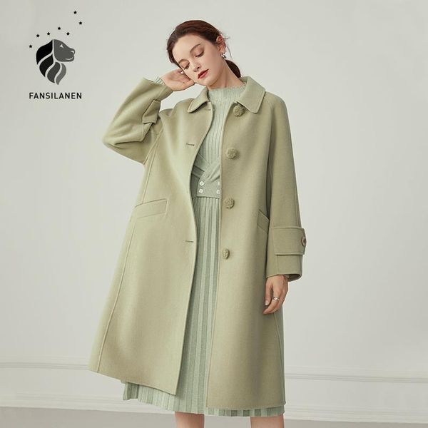 

women's wool & blends fansilanen elegant long 100% blend coat women cashmere autumn winter green jacket female vintage belt red woolen, Black