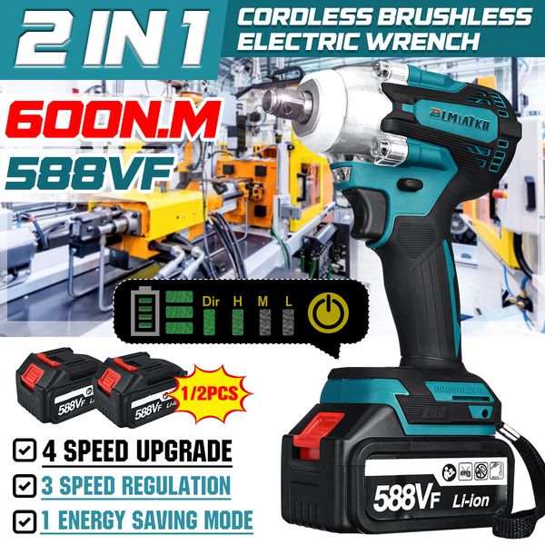 

electric impact wrench 600n.m 588v 4000rpm brushless cordless rechargeabl 1/2 1/4 socket power tool 1/2 x588v battery