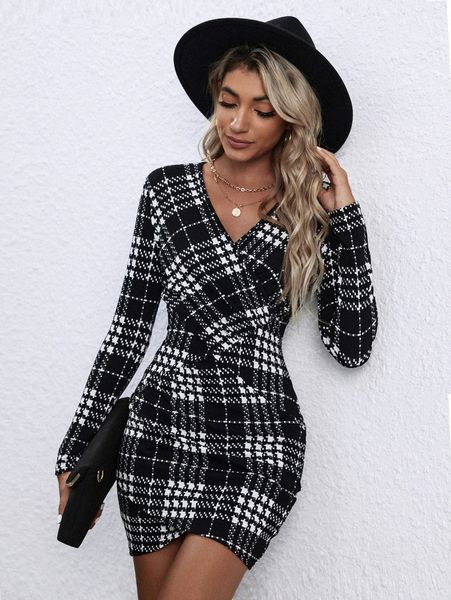 

plaid print surplice neck bodycon dress 03lo#, Black;gray
