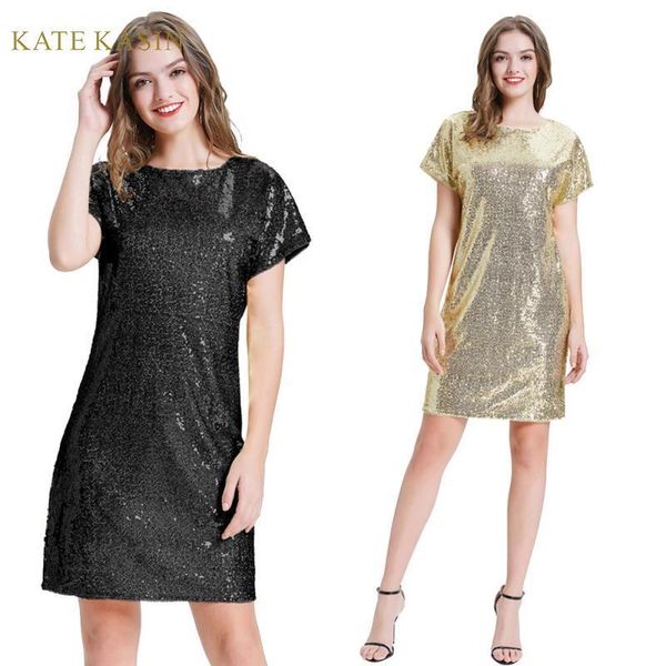 

kate kasin women casual short sleeve sparkling sequin t shirt dress evening party knee length straight club midi dresses summer, White;black