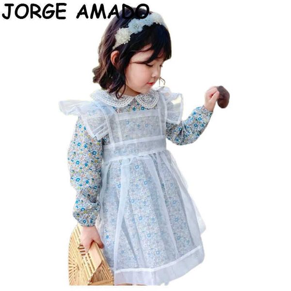 Meninas vestido crianças vestidos para outono floral manga comprida vestido + blusa de organza menina de duas peças conjunto roupas kid e20042 210610