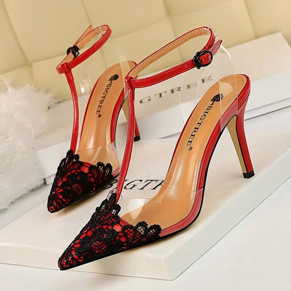 

dress shoes bigtree women pumps lace pointed high heels transparent sandals party ladies, Black