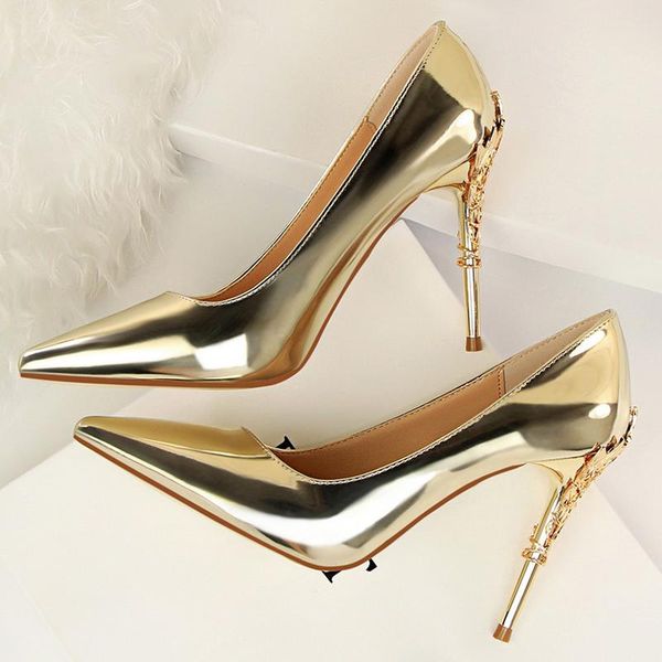 

dress shoes 2021 fashion women 10cm high heels pumps lady designer metal carving gold wedding bridal female prom party red, Black