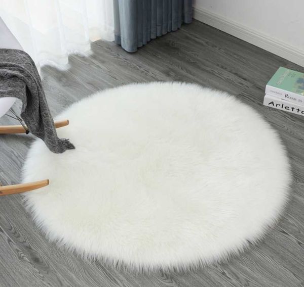 

white sheepskin round carpet bedroom mat living room floor covered with soft, comfortable fluffy rug carpets