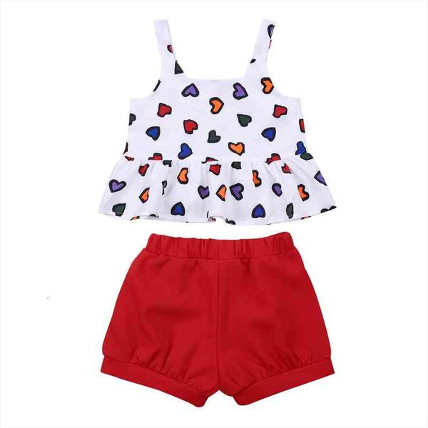

2pcs toddler girls summer valentine clothes hearts print ruffle strap dress elastic waist shorts set 2-7y, White