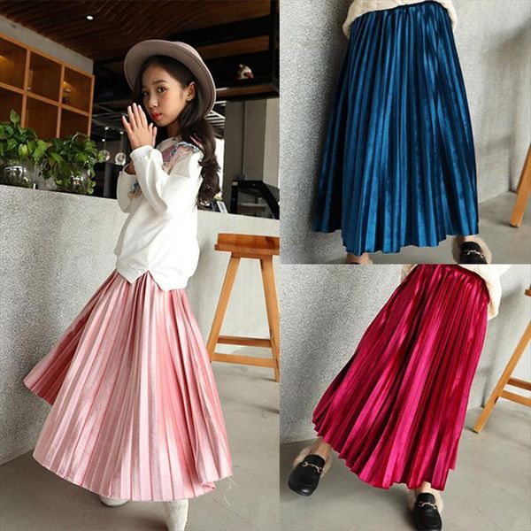

autumn winter girls velvet womens skirts high waisted skinny large swing long pleated teenage 3 15y rt307, Blue