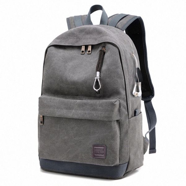 

fggs-men's backpack recharge usb retro earphone canvas travel sport casual multifunction gray a158#