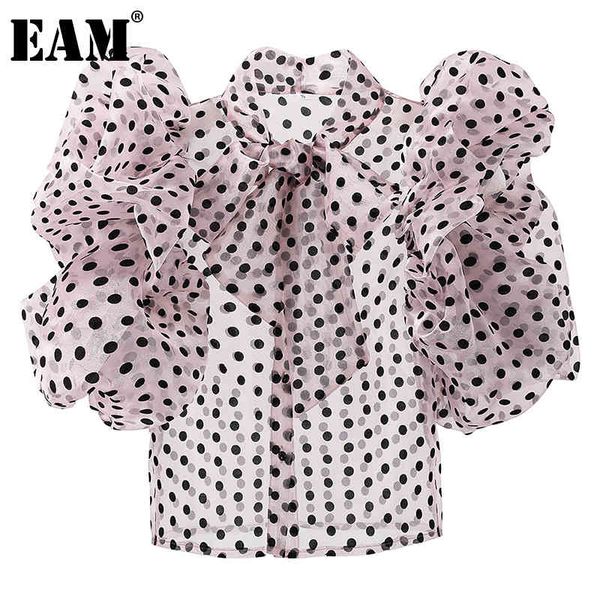 

[eam] women pink bow polka dot print blouse bow collar short puff sleeve loose fit shirt fashion spring summer 1dd7457 210512, White