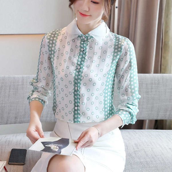 

korean chiffon women shirts office lady satin polka dot shirt woman print blouses plus size long sleeve 210531, White