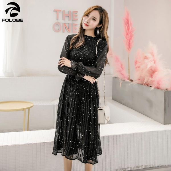 

casual dresses spring autumn lady long chiffon dress 2021 korean fashion women sleeved polka dot pleated black vintage clothes, Black;gray